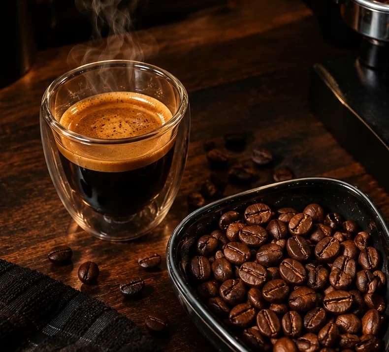 Café espresso fumegante ao lado de grãos torrados